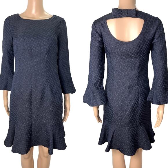 Karl Lagerfeld Dresses & Skirts - Karl Lagerfeld Navy Flounce Trim Blue Jacquard Fit & Flare Dress